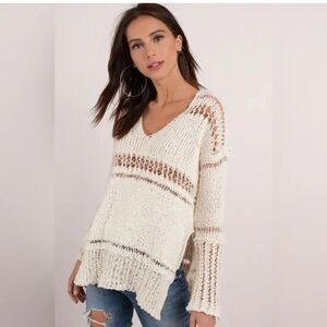 Free People Beling to You Crochet Cream V-Neck Sweater